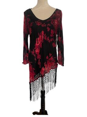Vintage Deadstock Temptations Black and Red Asymmetrical Fringe Floral Tunic